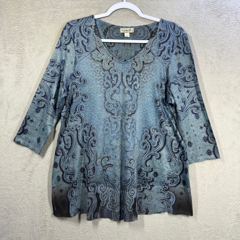 One World Paisley Top Womens L Blue 3/4 Sleeve Sequin V-Neck Boho Knit Blouse